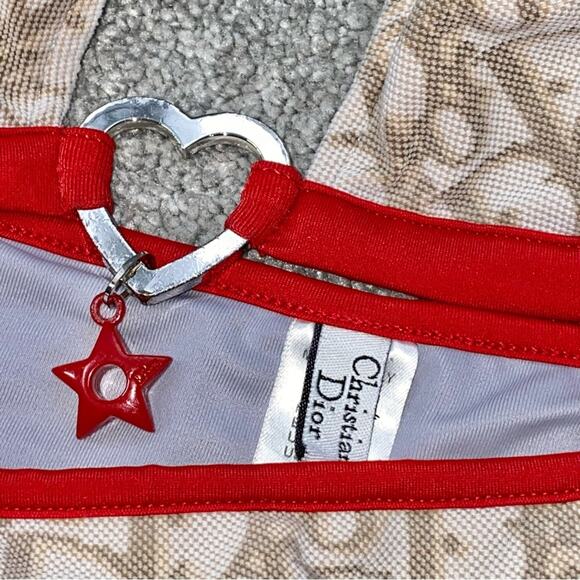 S AUTH VTG Christian Dior Tan Red Charm Trotter Logo Print Bikini Swimsuit - Picture 8 of 16